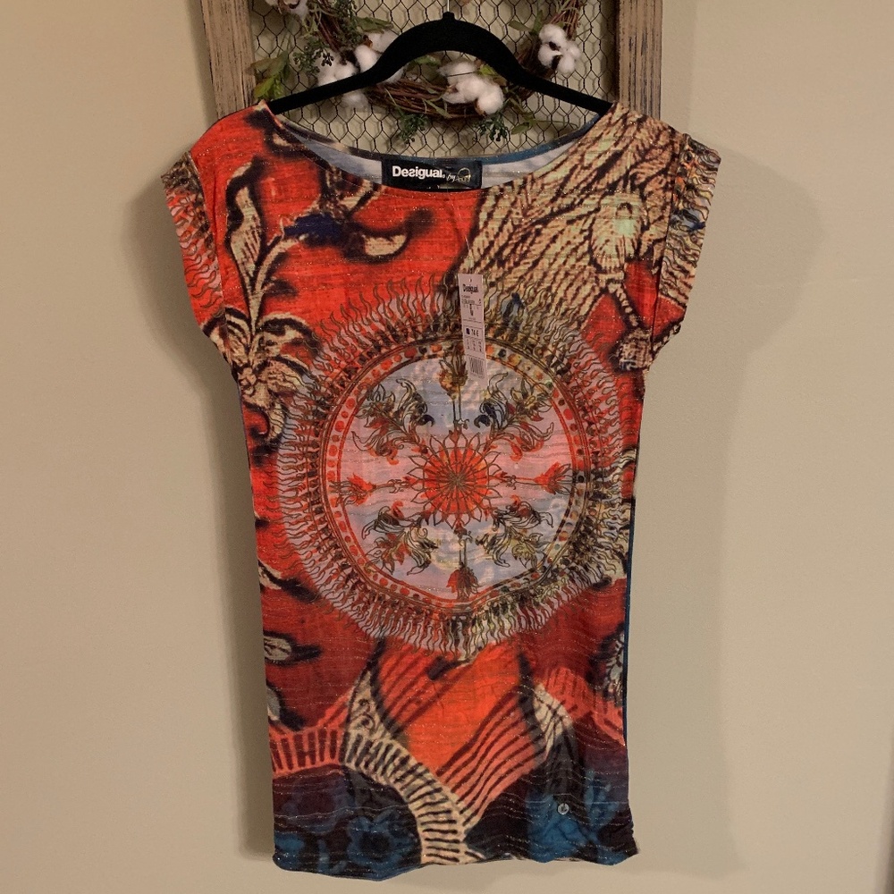 Desigual Orange Red Blue Printed Cap Sleeve Top